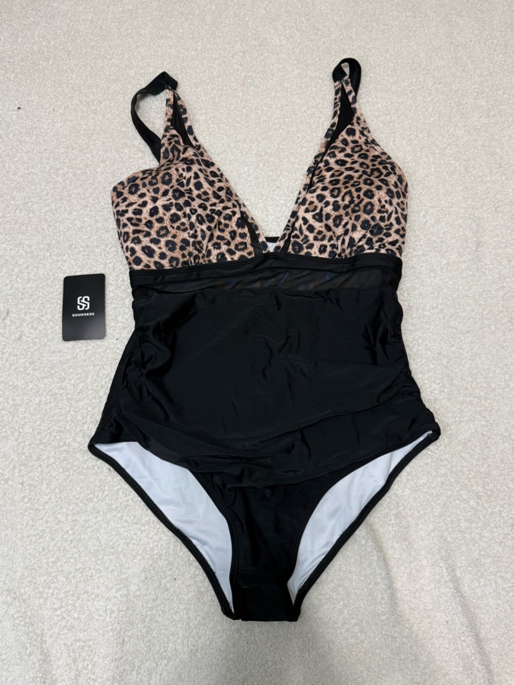 Leopard Print & Black One-Piece Swimsuit